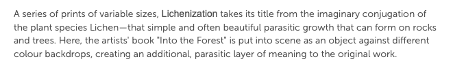 A series of prints of variable sizes, Lichenization takes its title from the imaginary conjugation of the plant species Lichen—that simple and often beautiful parasitic growth that can form on rocks and trees. Here, the artists' book "Into the Forest" is put into scene as an object against different colour backdrops, creating an additional, parasitic layer of meaning to the original work.