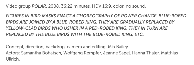Video group Polar, 2008, 36:22 minutes, HDV 16:9, color, no sound. Figures in bird masks enact a choreography of power change. Blue-robed birds are joined by a blue-robed king. They are gradually replaced by yellow-clad birds who usher in a red-robed king. They in turn are replaced by the blue birds with the blue-robed king, etc. Concept, direction, backdrop, camera and editing: Mia Bailey Actors: Samantha Bohatsch, Wolfgang Rempfer, Jeanne Sapel, Hanna Thaler, Matthias Ullrich. 